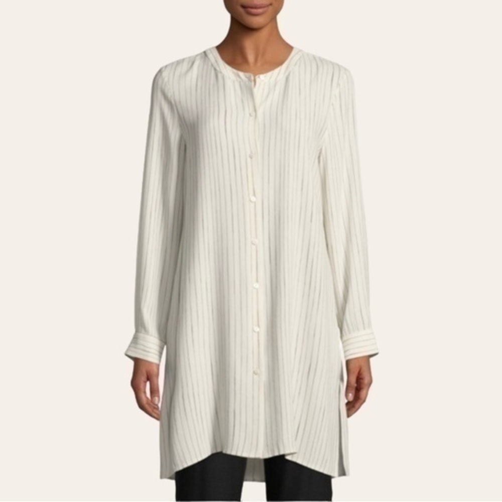 Eileen Fisher Painterly Striped Silk Long Shirt